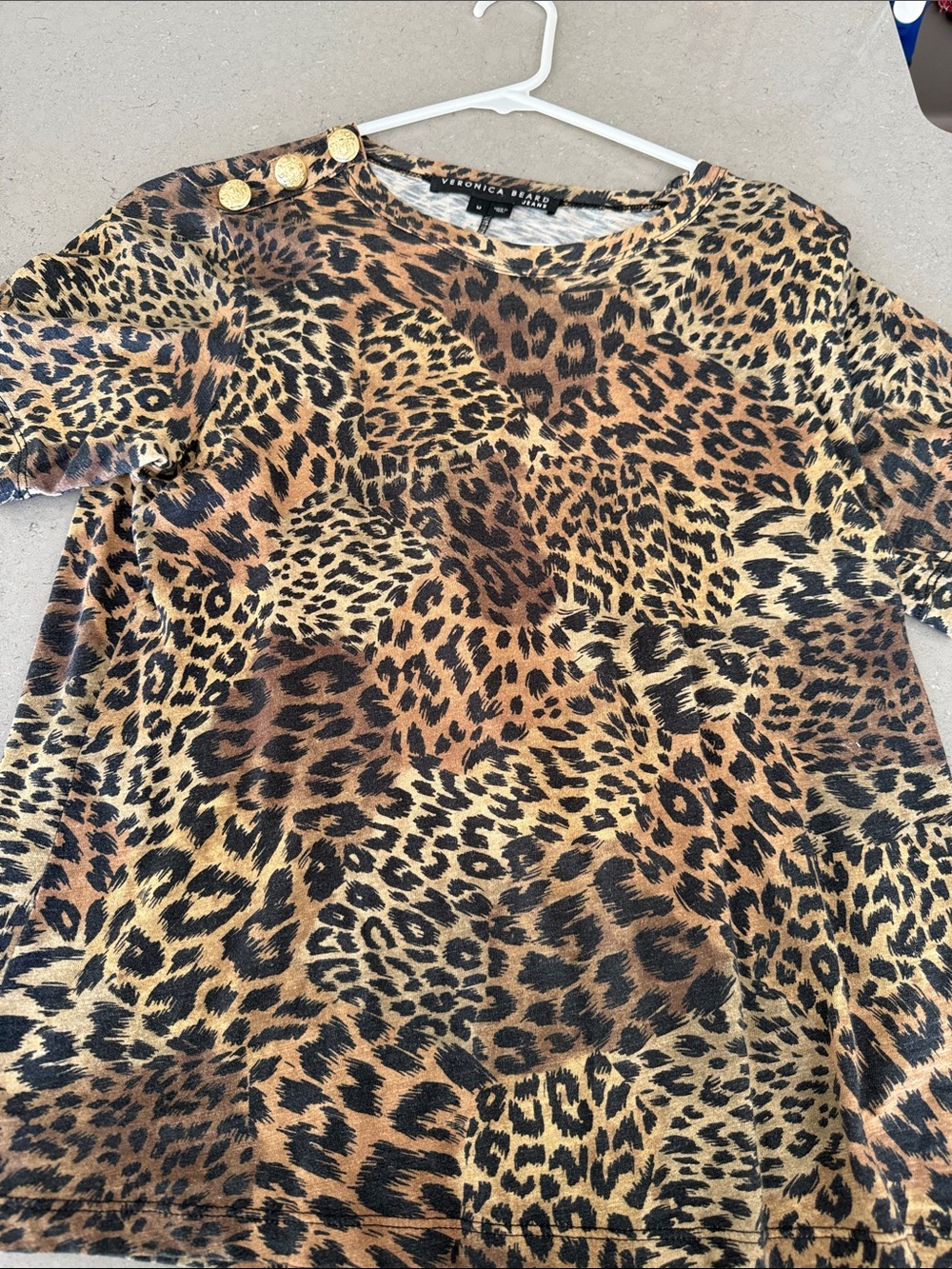 Veronica Beard Leopard Print Short Sleeve Tee in Brown, Black & Tan